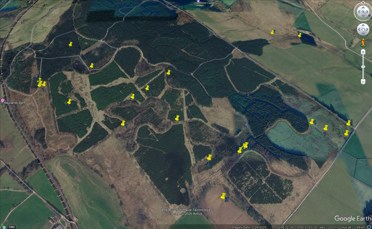 Example KML output showing geolocated deer detections